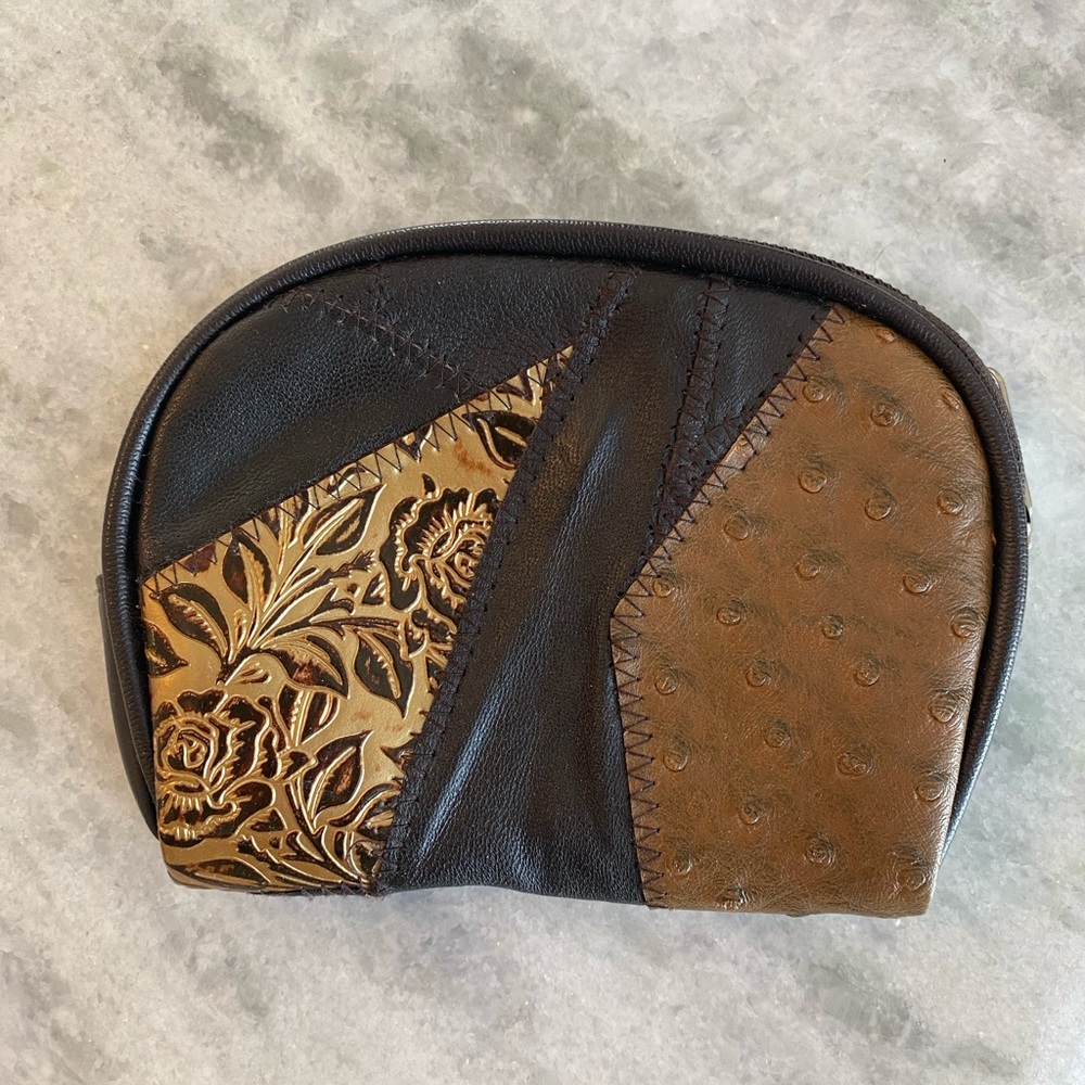 Brown Ostrich Leather Patchwork Clutch Pouch